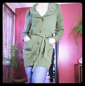 Forest green button down belted cardigan